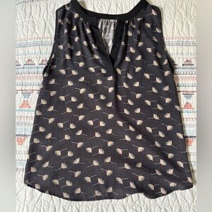 LOFT Black Sleeveless V-Neck Blouse with Cream & Blush Leaf Print